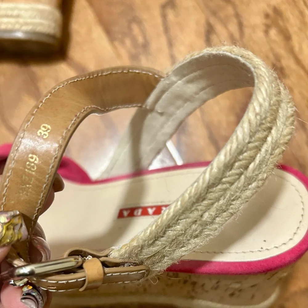 PRADA Raspberry Suede Cork Heel Wedges - Picture 3 of 6